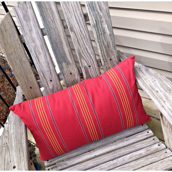 Pottery Barn Outdoor Canvas Lumbar Pillow Red Blue Yellow Awning Stripe 16x26 - Picture 2 of 7